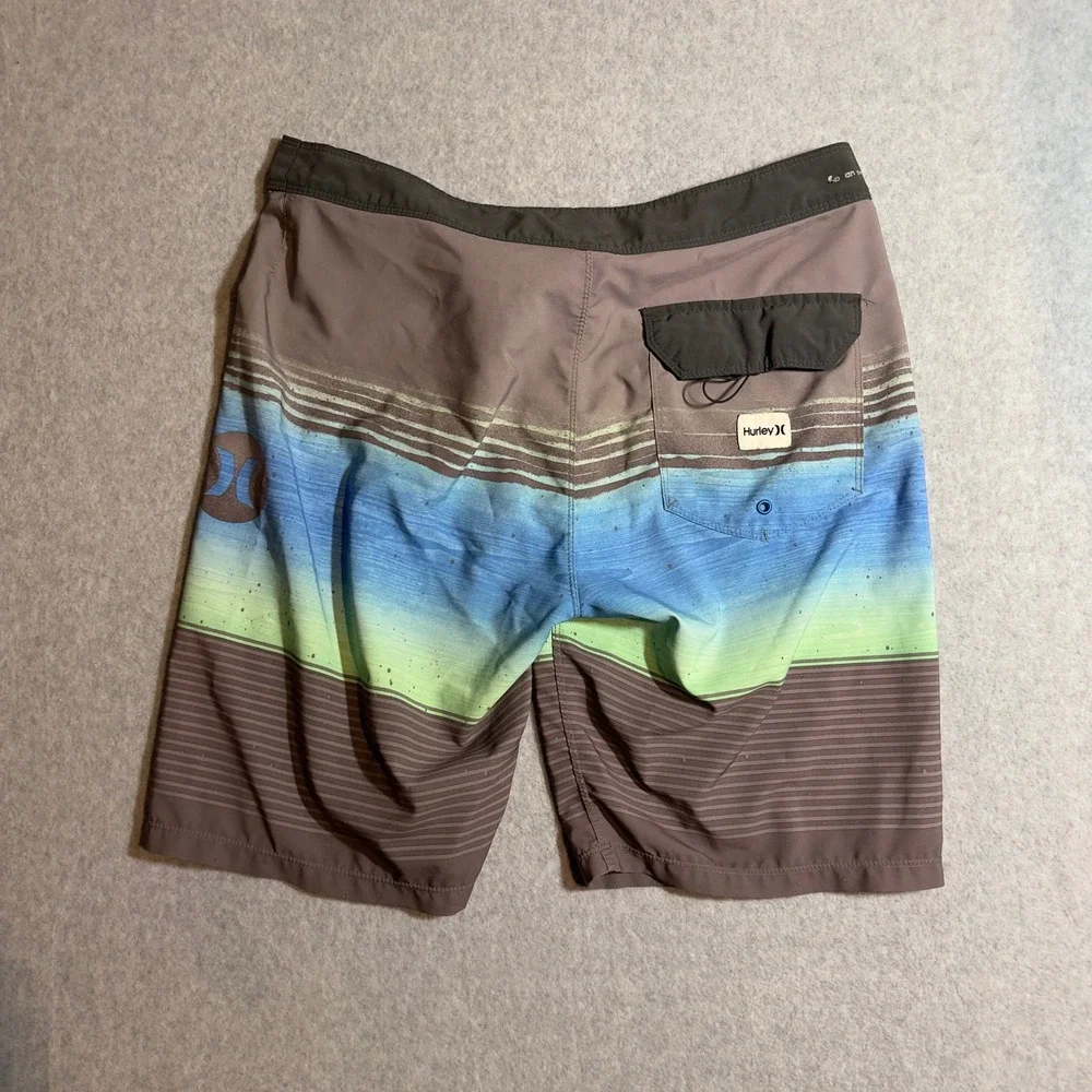 Mens Hurley Board Shorts Size 30 Gray Blue Green Striped Swim Trunks Surf